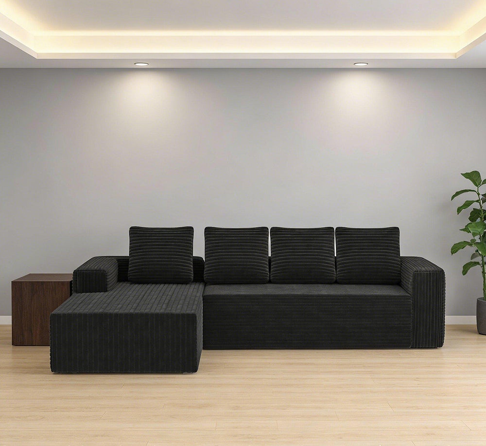 Głęboka sofa modułowa z szezlongiem po prawej stronie, gotowa do montażu, aksamitny sztruks, czarna