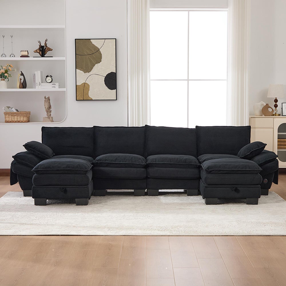 4-osobowa sofa z aksamitu w prążki, z dwoma podnóżkami, pianką o wysokiej gęstości, portem USB-C i kieszeniami bocznymi, czarna