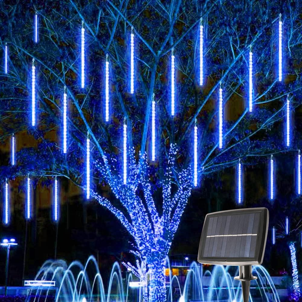 Solarne lampki choinkowe na zewnątrz, solarne girlandy deszczu meteorytów, dekoracje świąteczne, niebieskie (8 rurek - 30 cm - 144 LED)