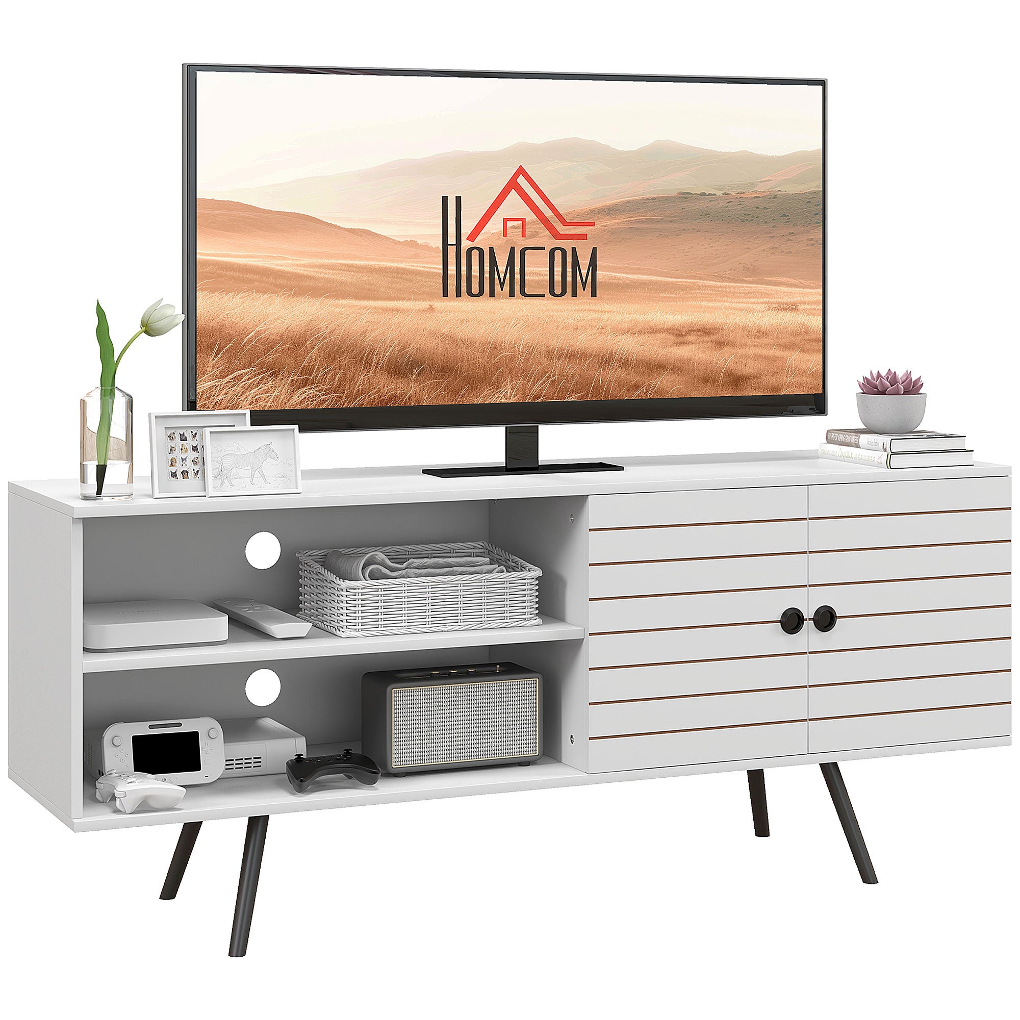 TV Stojak z Cupboard, Otwarty Półki, Striped Drzwi, Drewniany nogi, Biały
