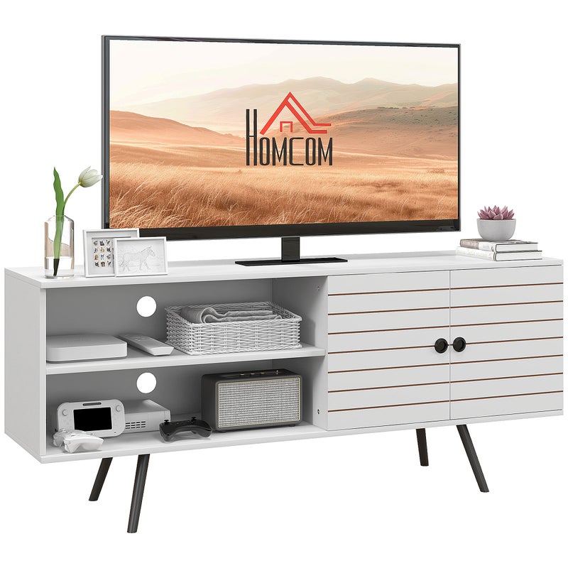 TV Stojak z Cupboard, Otwarty Półki, Striped Drzwi, Drewniany nogi, Biały