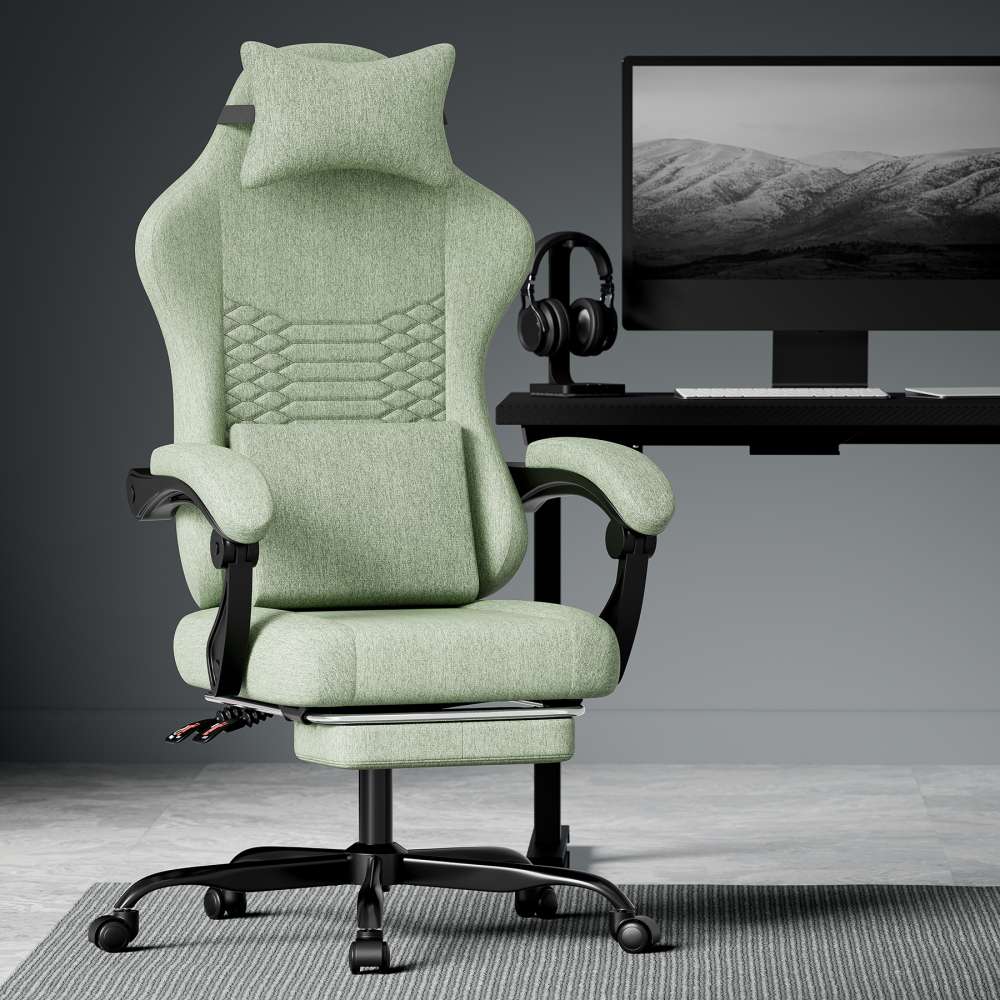 Fotel gamingowy tkanina biurowy ergonomiczny fotel gamingowy z masażem zagłówek podnóżek regulacja 135° zielony komfort premium ergonomia