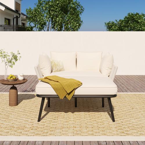Sofa ogrodowa z grubymi poduszkami, leżak ze stali nierdzewnej, meble balkonowe i tarasowe