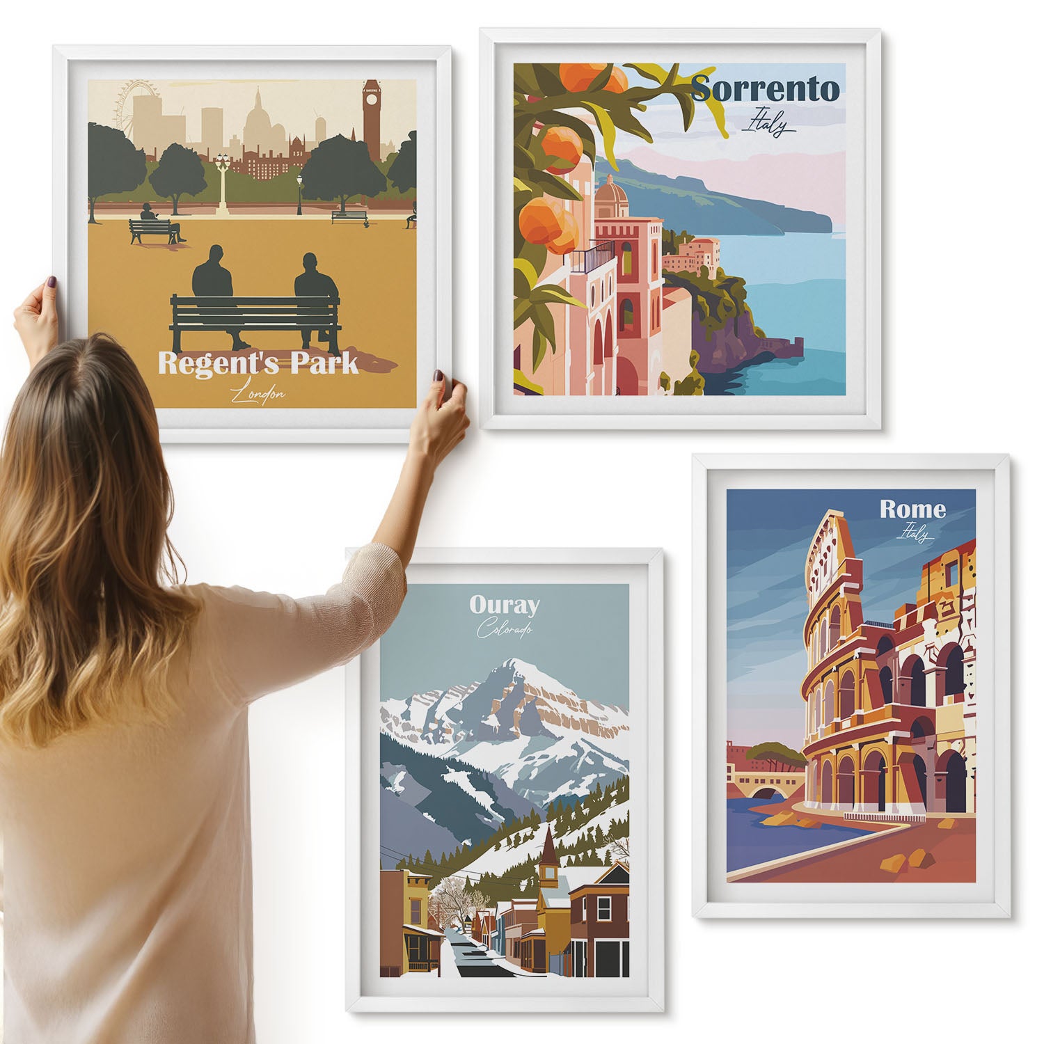 Galeria ścienna 4-częściowy komplet obrazów w białych ramach - Retro ilustracje znanych rejonów świata - ArtPrintCave