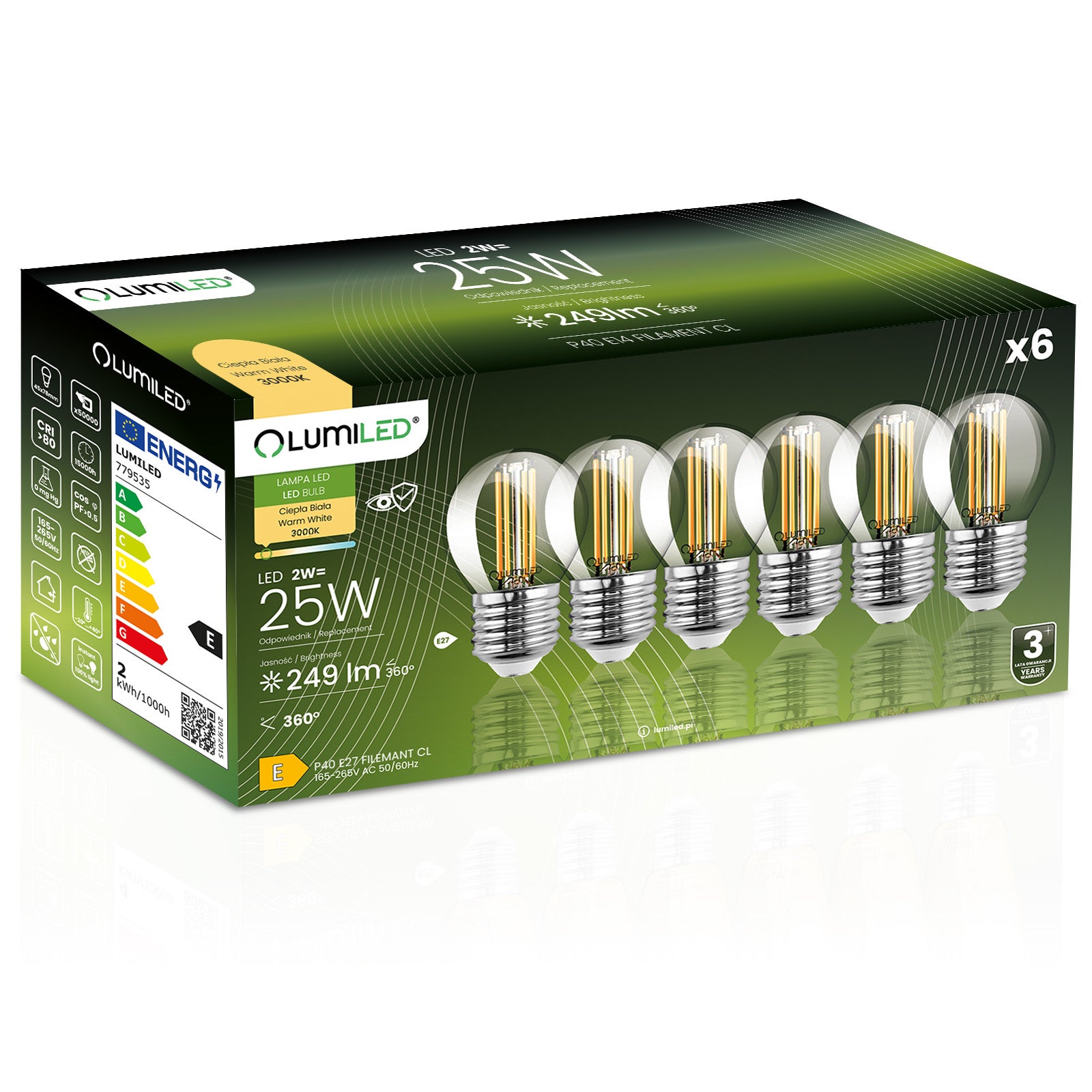 Żarówka LED Lumiled E27 Kulka P45 2W 249lm 3000K Ciepła biel 360st Filament 6 szt.