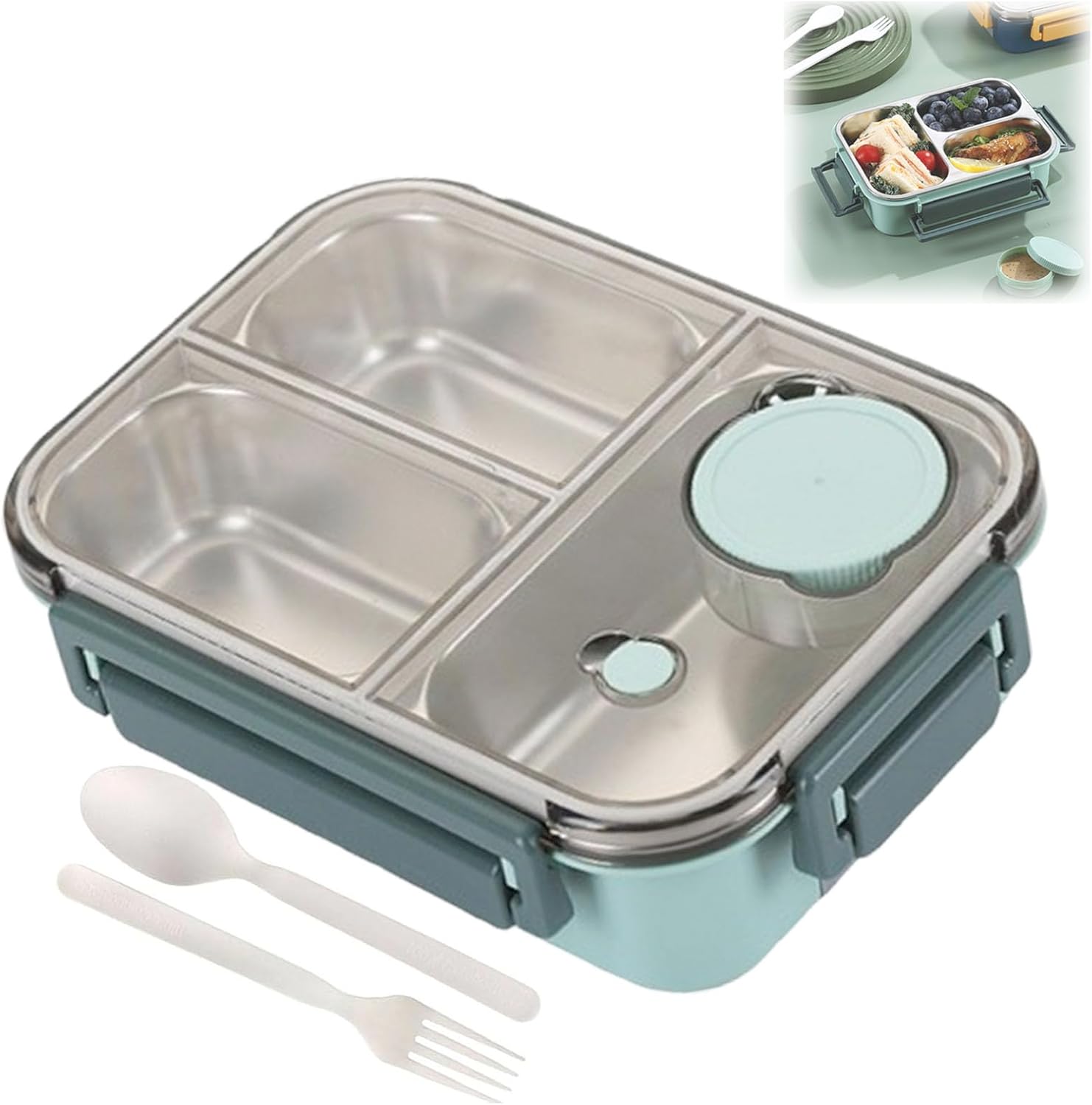 Lunchbox – Przenośny pojemnik na lunch ze stali nierdzewnej, z sztućcami i dzielonymi przegródkami (trzy zielone przegródki)