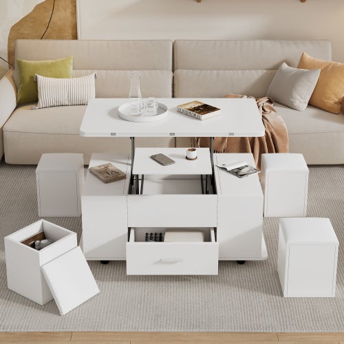Couchtisch höhenverstellbar 4 w 1 mit Schubladen und Hockern, wandelbarer Sofatisch Esstisch 100x50 cm biały