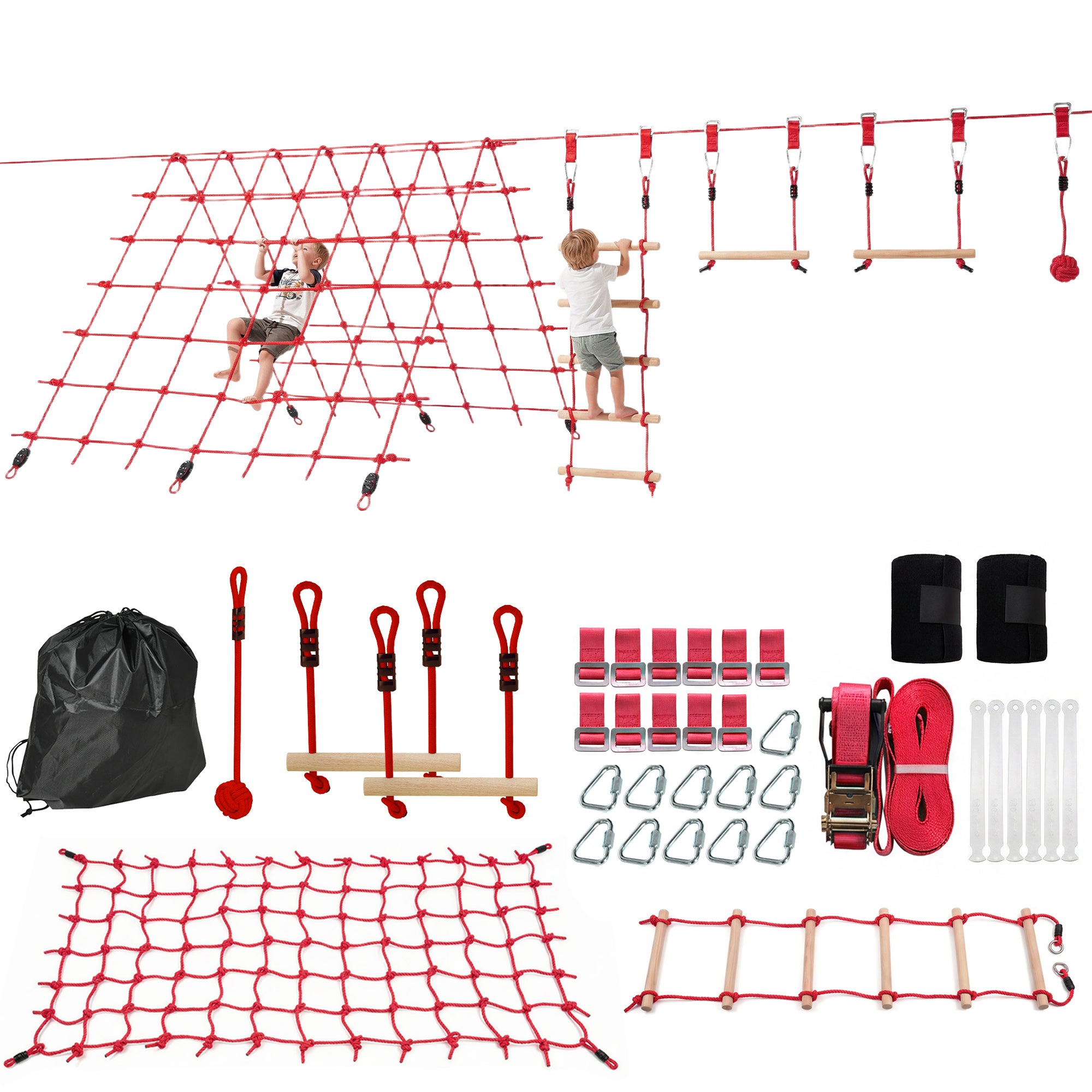 Slackline 10m, kółka, huśtawka, drabinka, siatka, 3-6 lat, 1000x300x180cm, czerwony