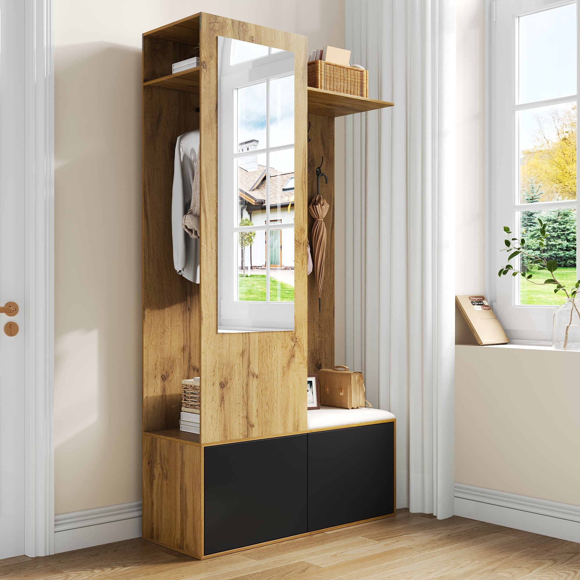 Zestaw mebli do przedpokoju 100x38x191cm - z wieszakiem na ubrania i buty - haczykami i 1 lustrem - Naturalny + Czarny