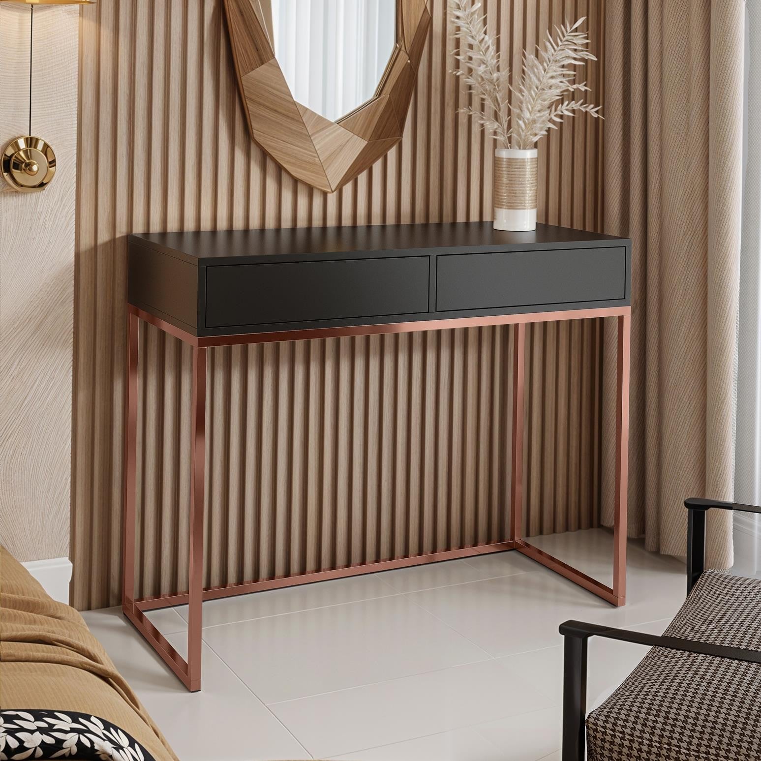 Stylowa czarna toaletka 100 CUBIC w Loftowym stylu na miedzianym stelażu – Nowoczesna toaletka do eleganckich wnętrz