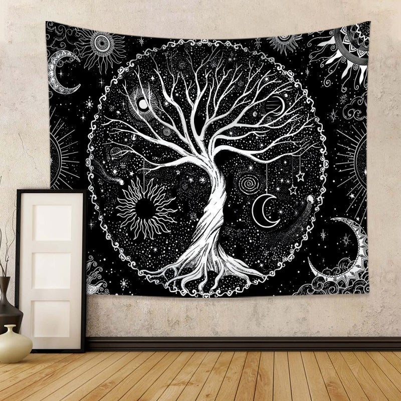 148x200 CM drzewo życia tapeta księżyc i słońce czarna psychodeliczna psychodeliczna mandala z gwiazdami hipisowska dekoracja ścienna do sypialni, aka