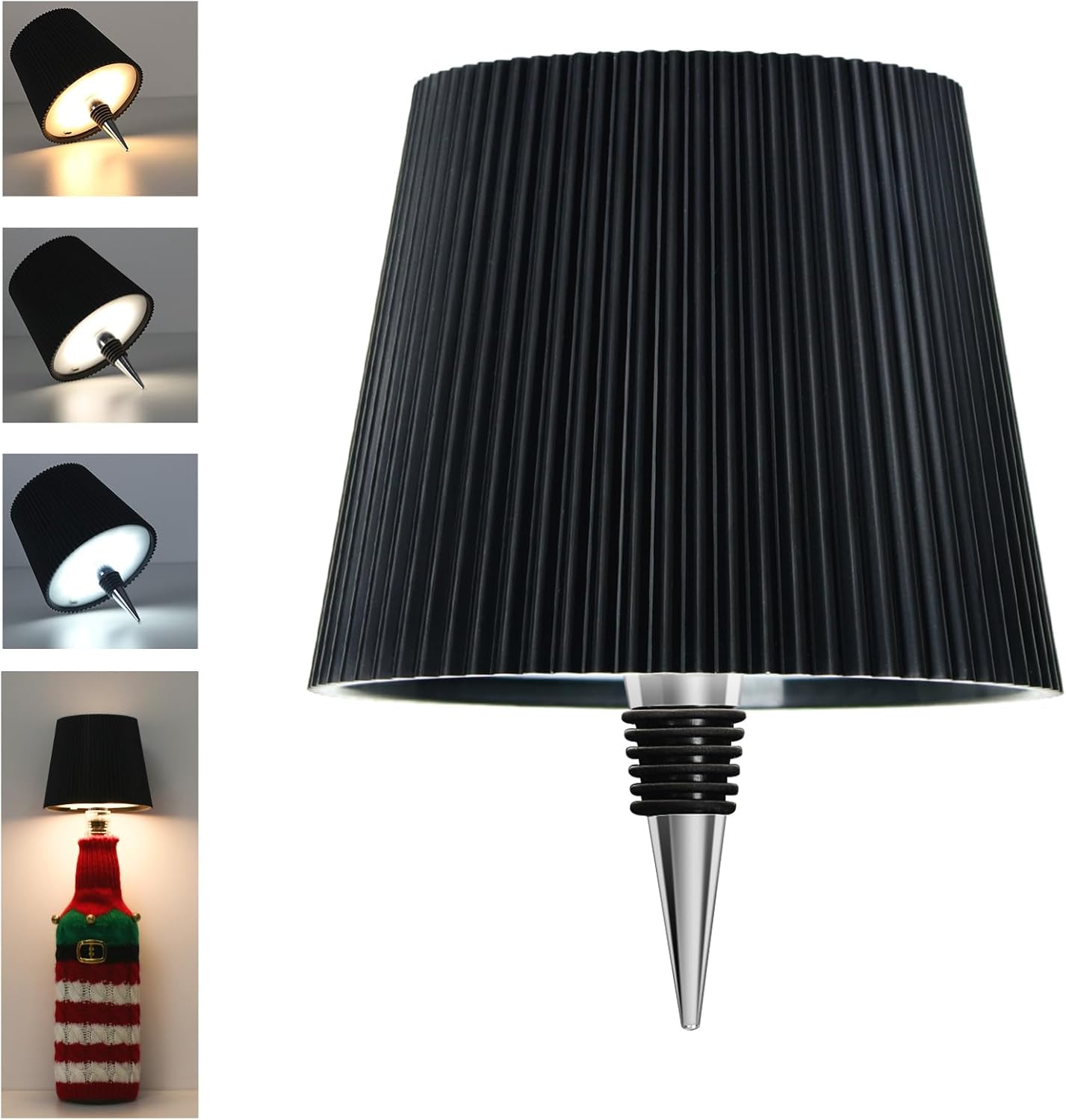 Czarna lampa LED do butelek, ładowalna przez USB-C, bezprzewodowa, IP54, 3 regulowane temperatury, do szklanych butelek, stołów, balkonów, tarasów i n