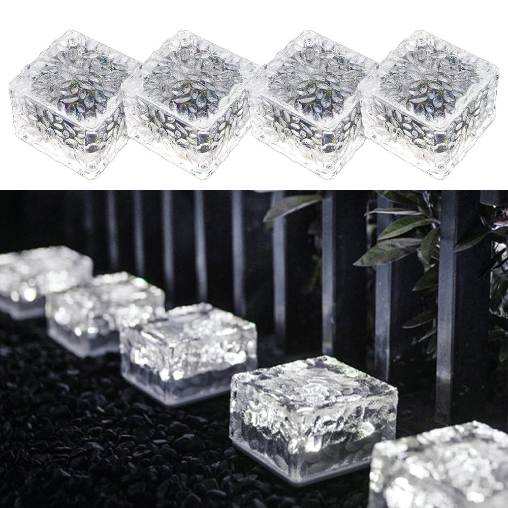 Lampy solarne w kształcie cegieł lodu z czujnikiem, PVC, 7 x 7 x 5 cm, światło białe, zestaw 4 szt., odpowiednie do alejek, ogrodów, patio, na taras