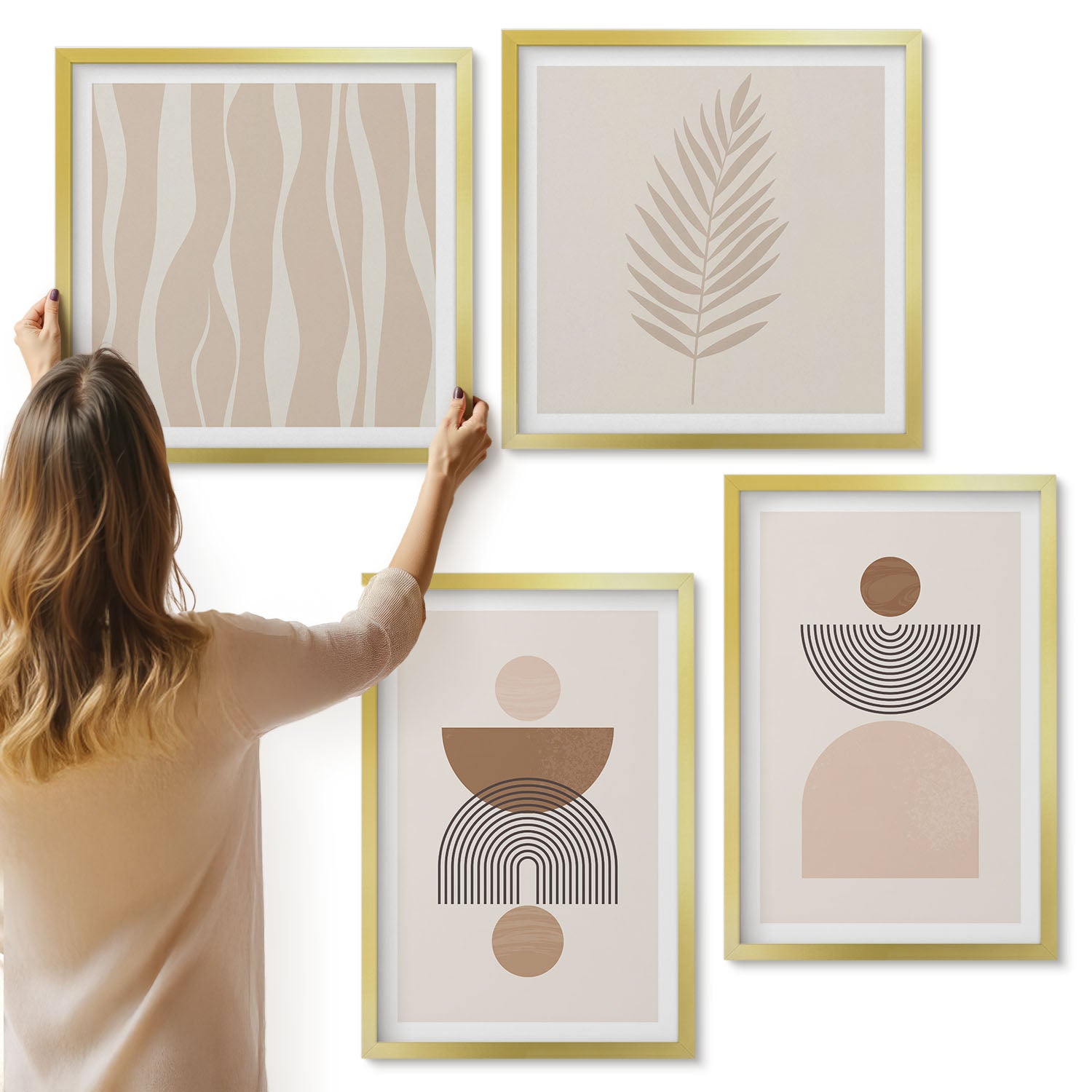 Galeria ścienna 4-częściowy komplet obrazów w złotych ramach - Abstrakcyjne kształty w odcieniach brązu i beżu - ArtPrintCave