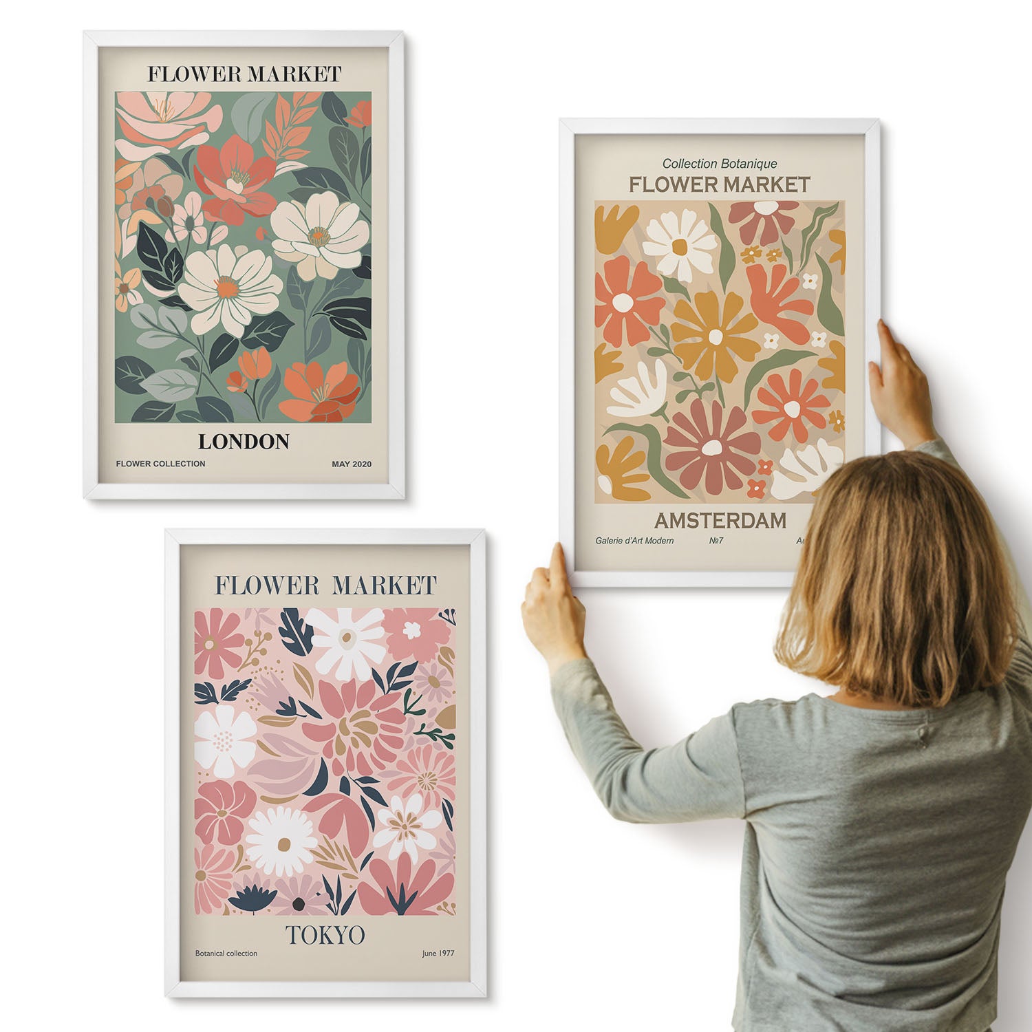 Galeria ścienna 3-częściowy komplet obrazów w białych ramach - Kwiatowe wzory Londyn Tokio i Amsterdam postery - ArtPrintCave