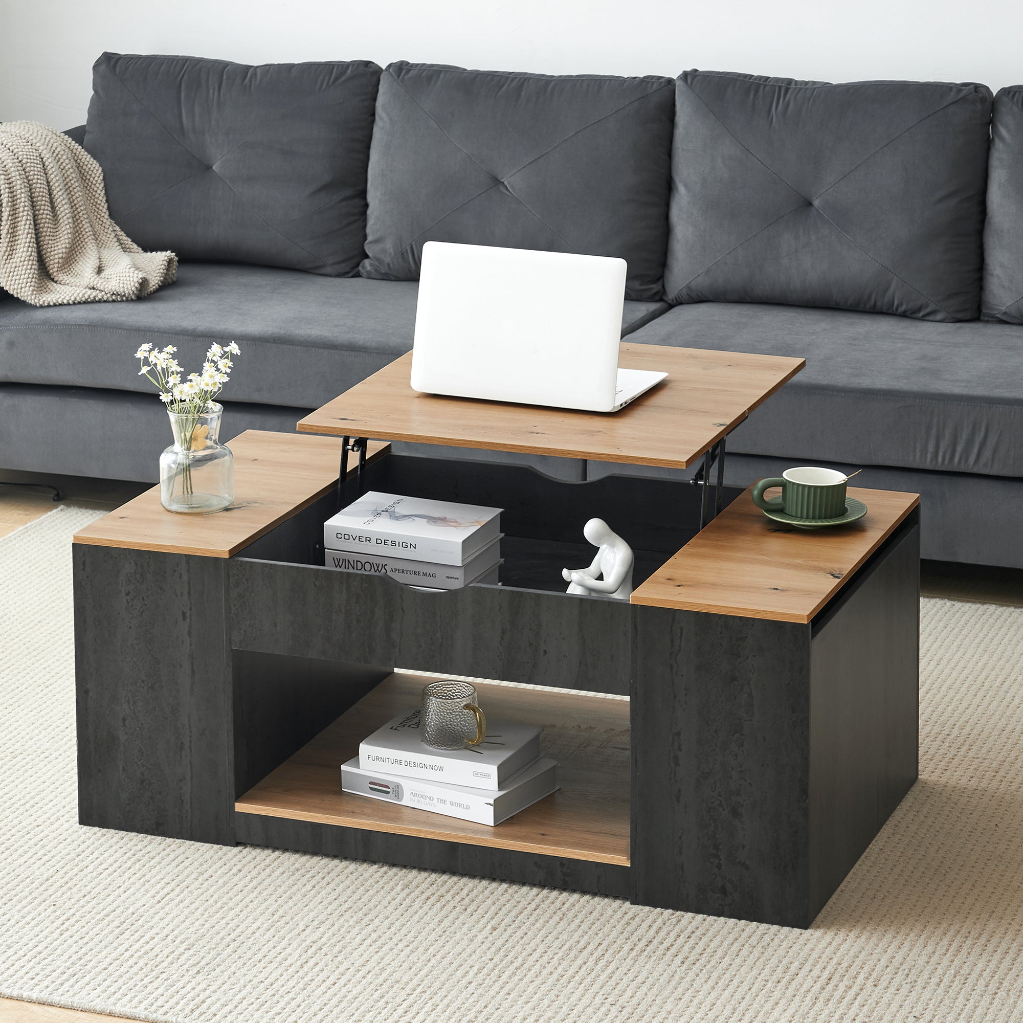 Stolik kawowy z podnoszonym blatem i schowkiem - 109,5 x 59,7 x 43 cm - MDF - Szaro-brązowy efekt drewna