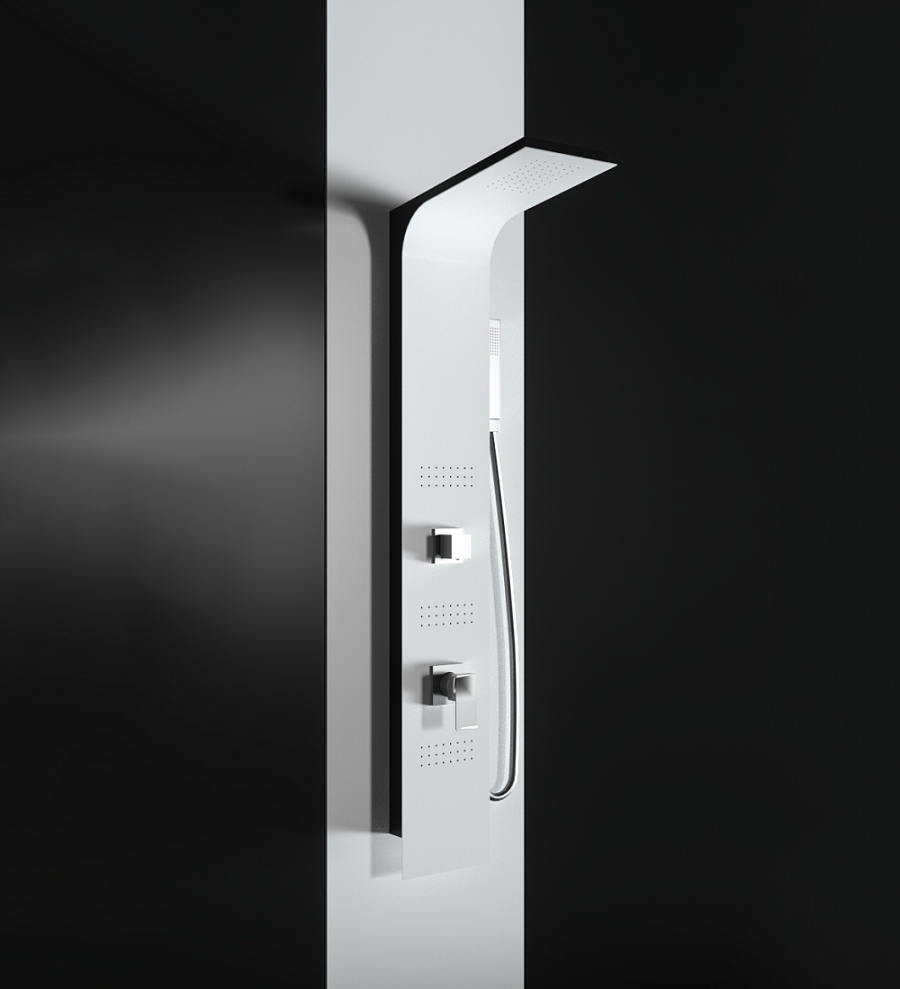 Panel prysznicowy z hydromasażem z malowanego proszkowo aluminium w matowym białym wykończeniu (przód) i matowej czerni (bok)