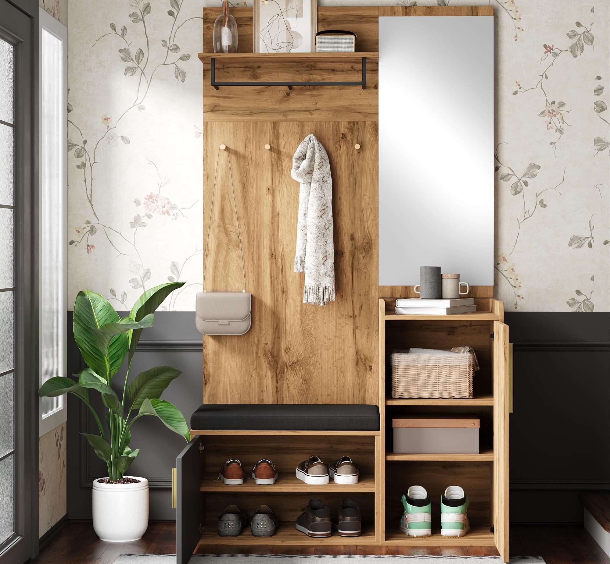 Zestaw szaf do przedpokoju 100x38x185 cm - z lustrem i wieszakami - z szafką na buty i ławką na buty - Naturalny + czarny