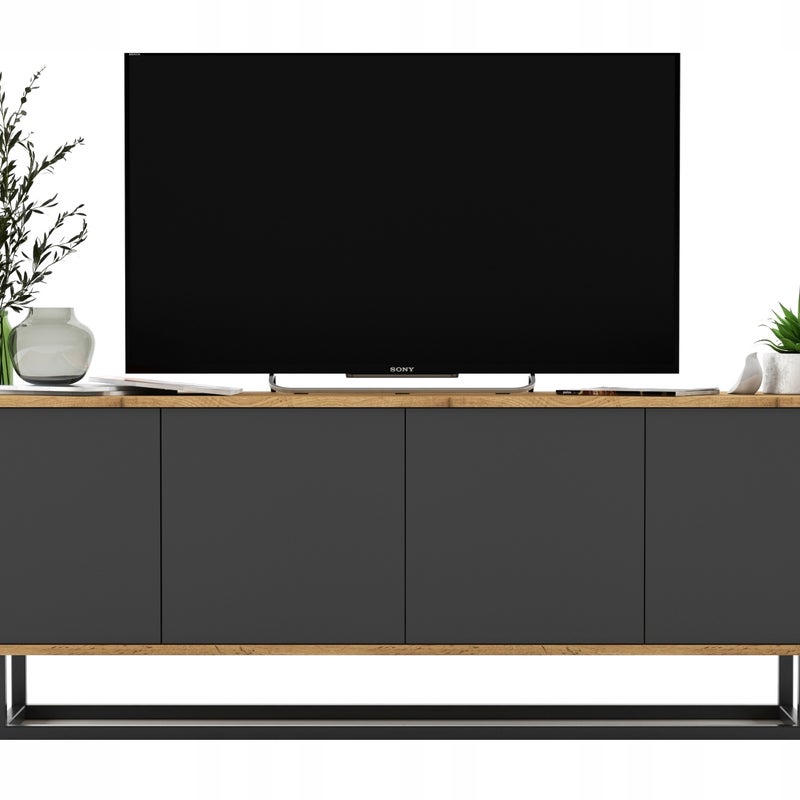 Szafka RTV Loft 150 cm dąb wotan grafit mat, nowoczesna komoda RTV pod telewizor do salonu