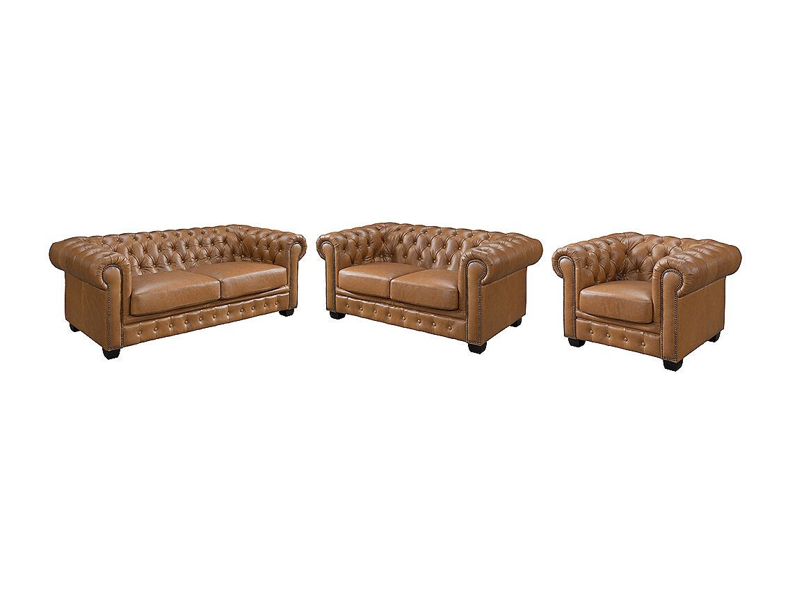Komplet wypoczynkowy typu chesterfield 3+2+1 BRENTON 100% skóry bawolej - Kolor: karmelowy vintage