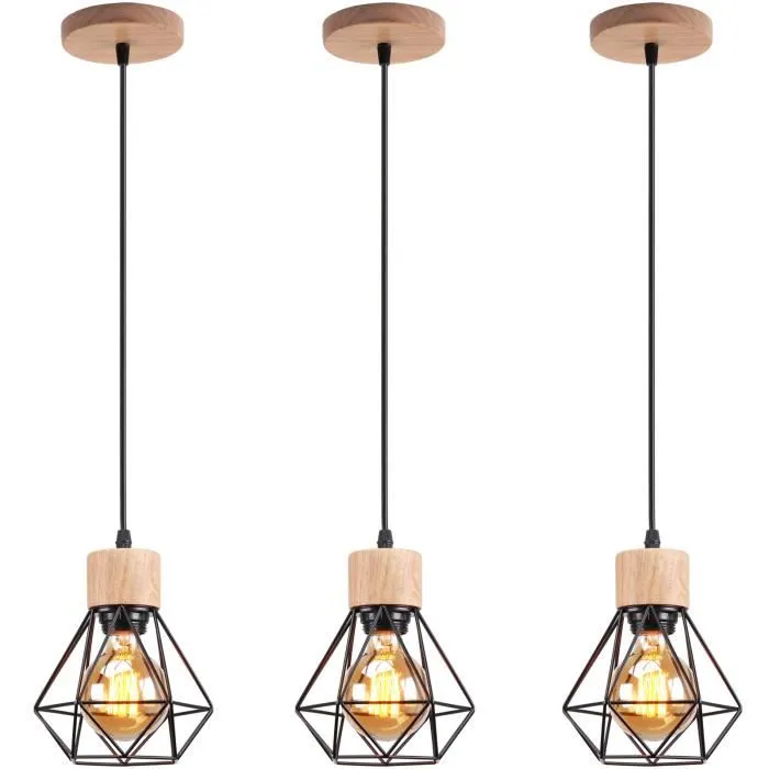 Zestaw 3 lamp przemysłowych, plafony w metalowej klatce, lampy wiszące w stylu vintage, lampy wiszące z ciepłą żarówką, regulowana długość sznura