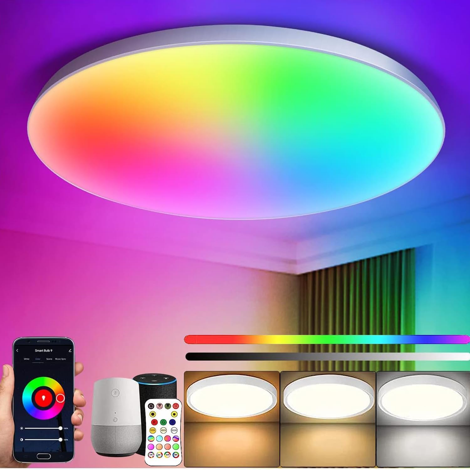 Ściemnialny plafon LED Ø30cm – Sterowanie za pomocą pilota lub aplikacji, kompatybilny z Alexa, inteligentne oświetlenie