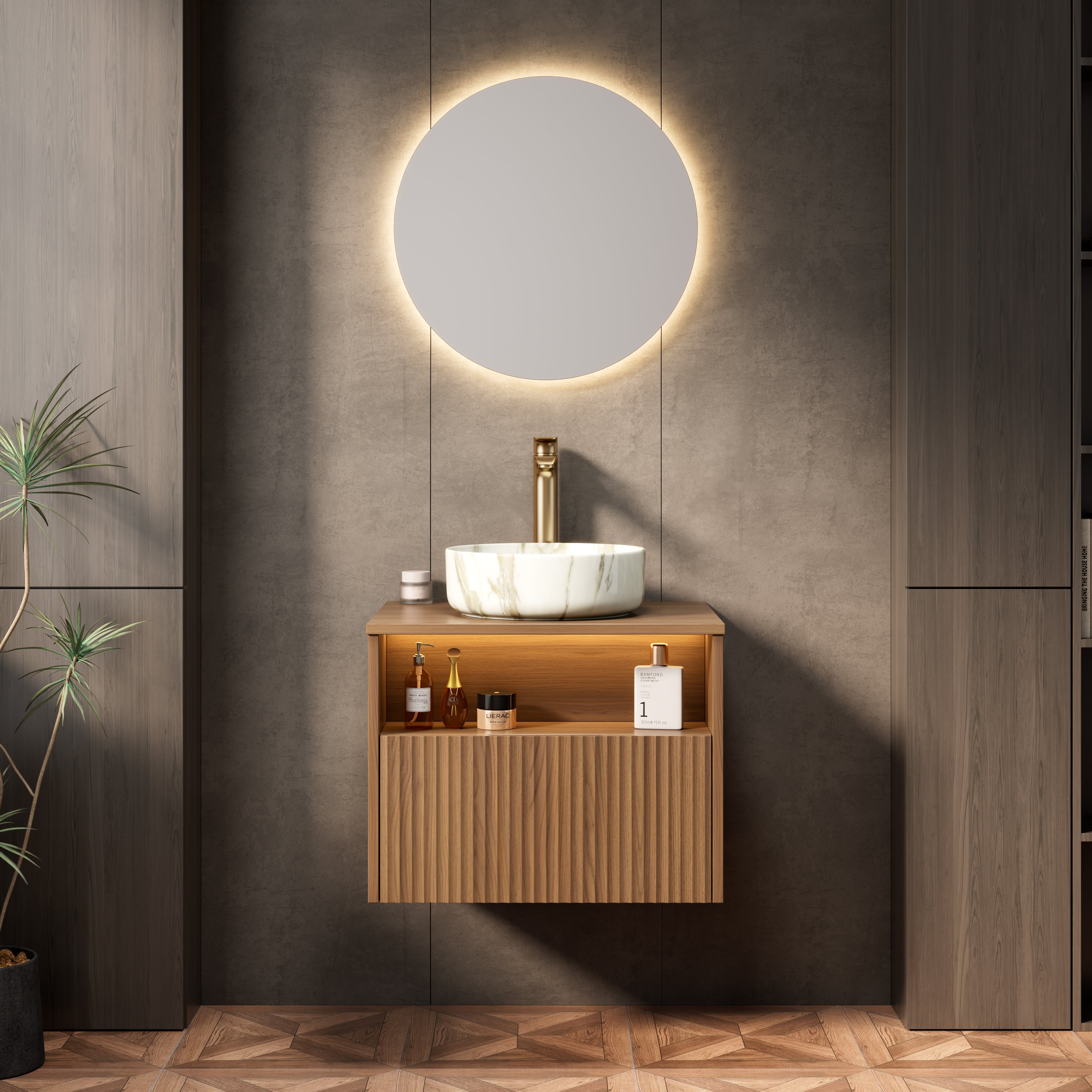 Szafka łazienkowa 60 x 46 x 58,8 cm, z oświetleniem LED, z miejscem do przechowywania, biały, lite drewno