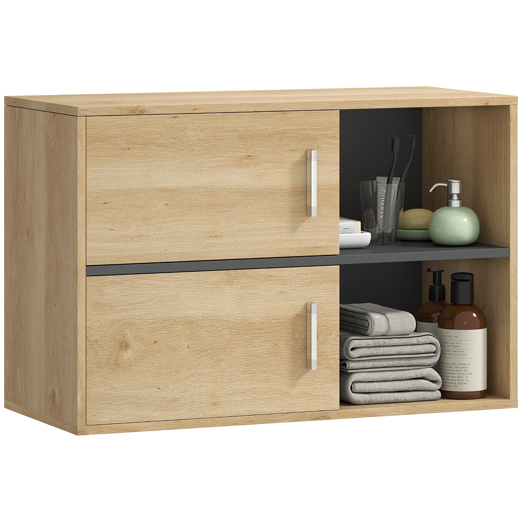 Szafka łazienkowa wisząca z otwartymi przegródkami i 2 drzwiami Nowoczesne meble łazienkowe 80x35x57,5 cm Naturalna