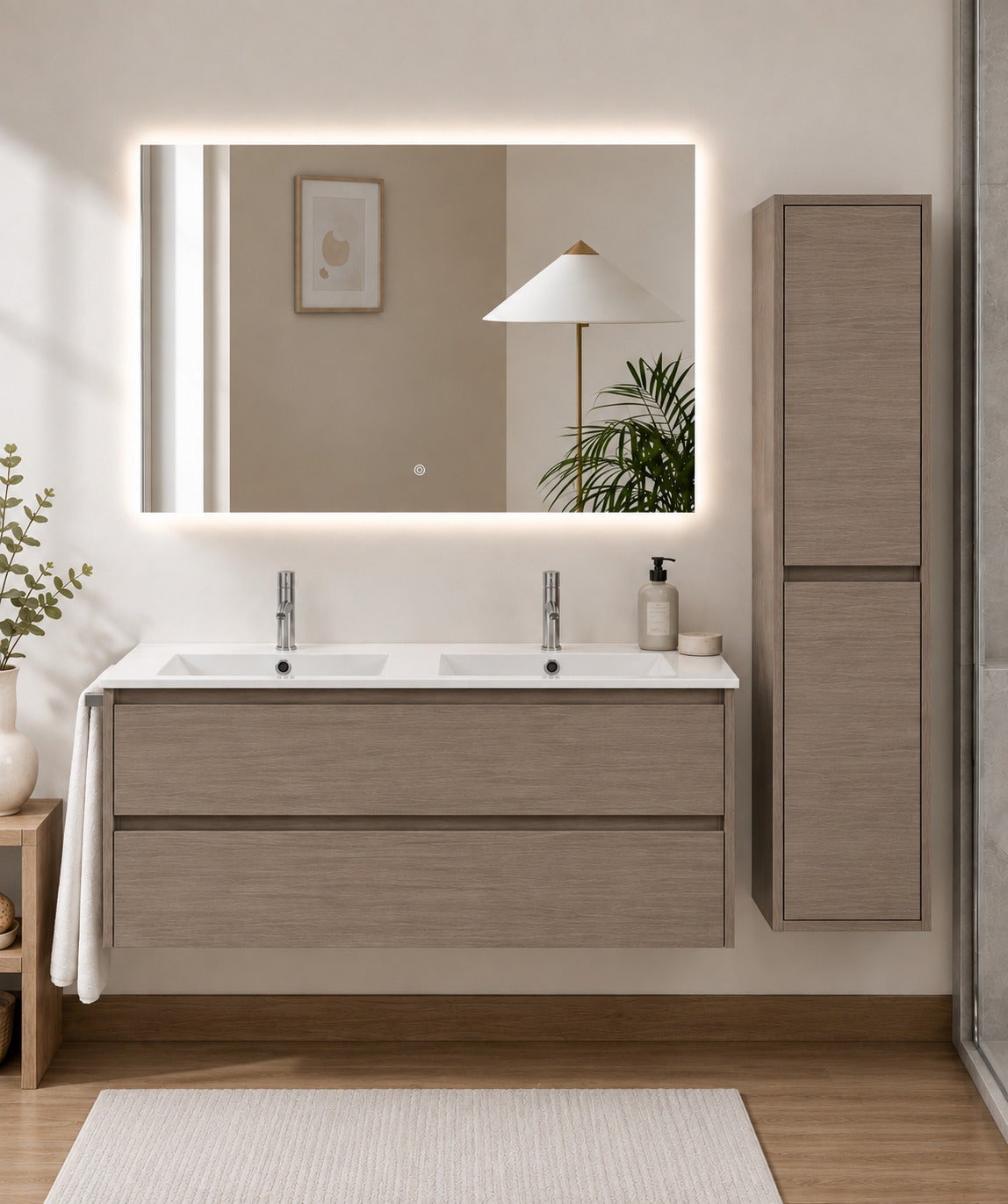 Szafka łazienkowa z umywalką ORIGENBATH IBIZA bez lustra 120x45 cm podwójna umywalka dąb smoky z kolumną