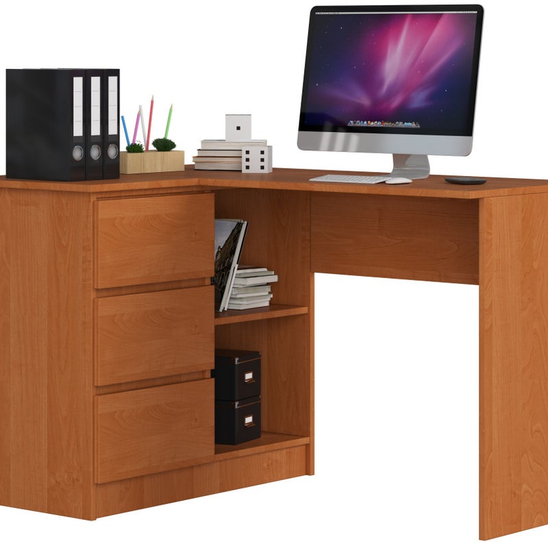 Biurko narożne AKORD B16 Olcha 124 cm lewe 3 szuflady kolor Olcha mat 2 półki 124x85x77 cm