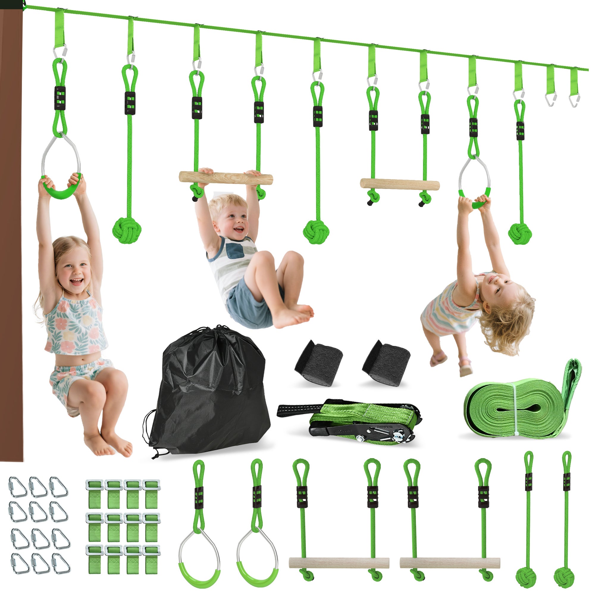 Zestaw tyrolki 7 elementów, slackline 10m, drążki/kółka, zielony