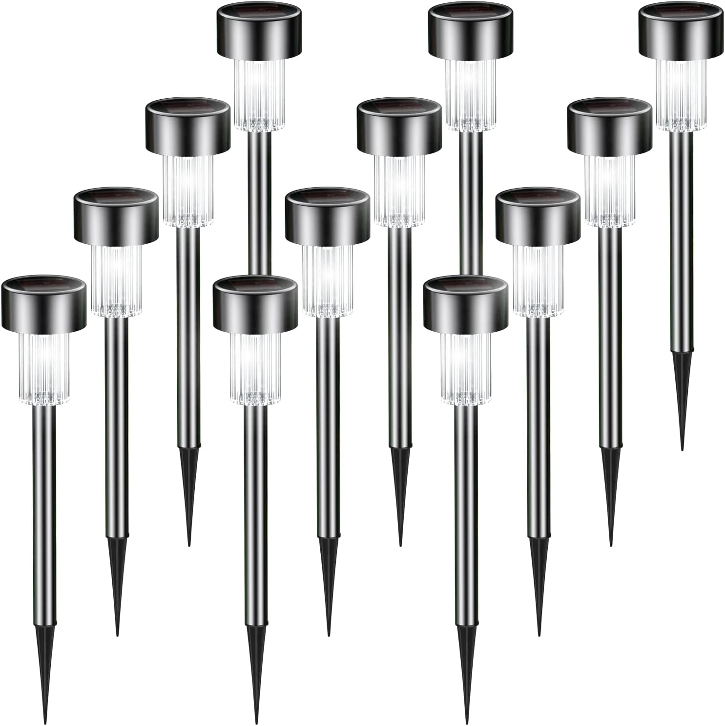 【12 szt.】Lampy solarne do trawników ze stali nierdzewnej, ciepłe białe światło