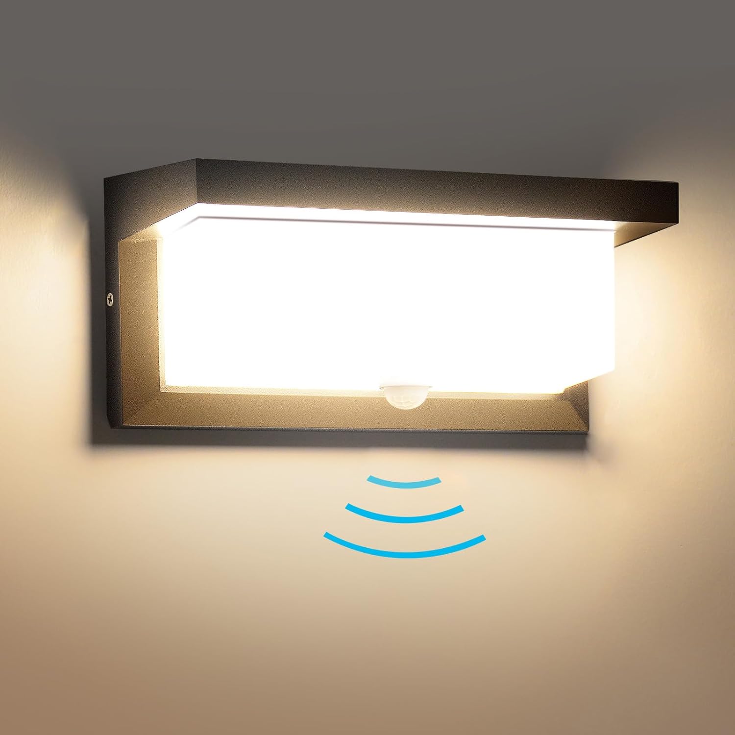 Kinkiet LED z czujnikiem ruchu 12W, IP65, aluminium, oświetlenie wewnętrzne/zewnętrzne, ścienny wiszący biały ciepły