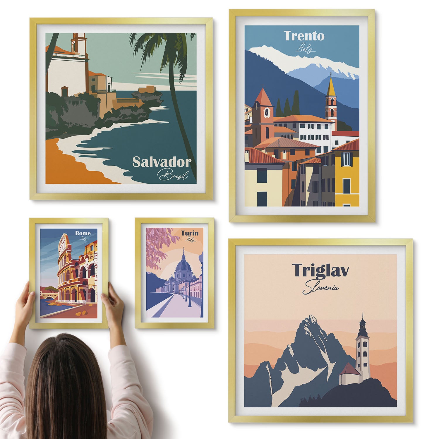 Galeria ścienna 5-częściowy komplet obrazów w złotych ramach - Europejskie miasta i krajobrazy w stylu retro - ArtPrintCave