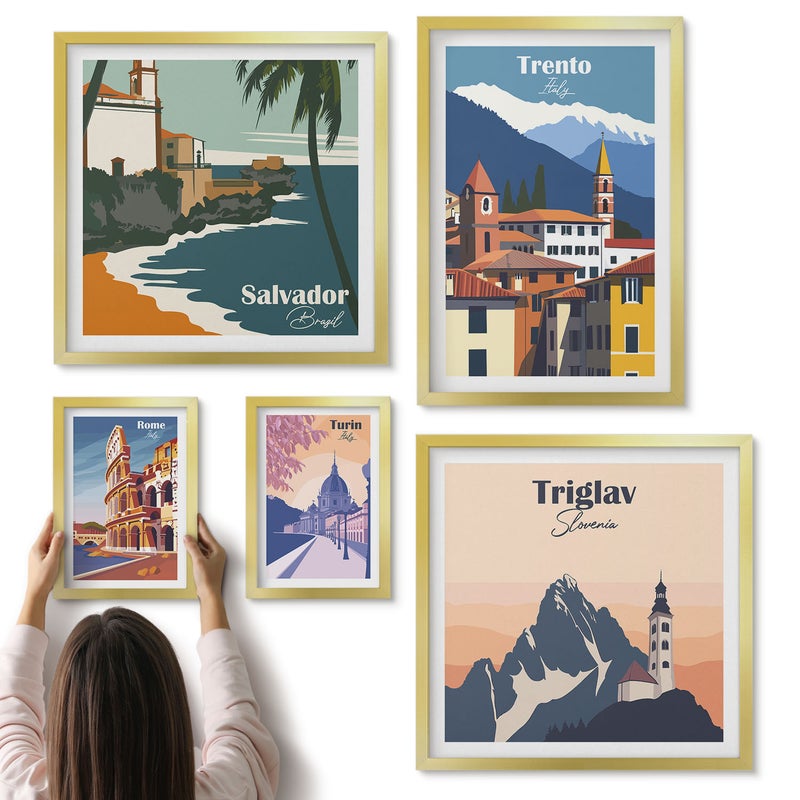 Galeria ścienna 5-częściowy komplet obrazów w złotych ramach - Europejskie miasta i krajobrazy w stylu retro - ArtPrintCave