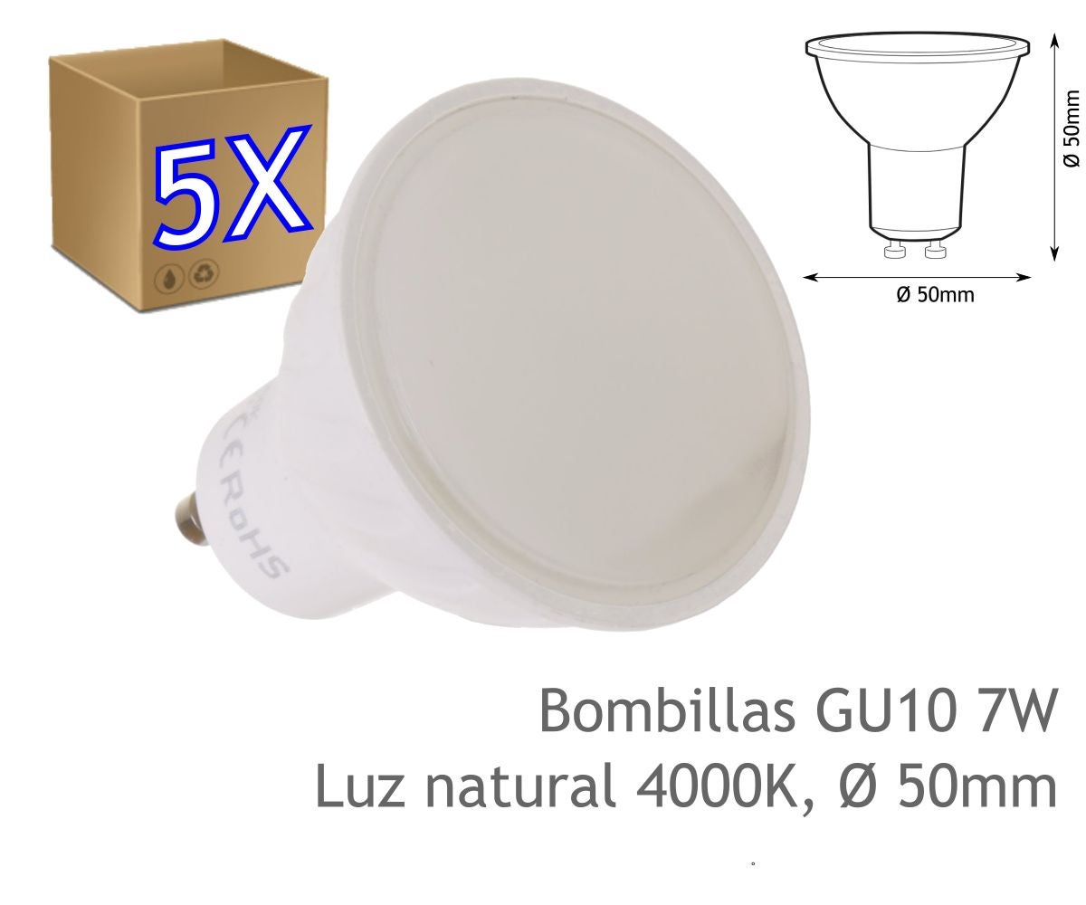Zestaw 5 żarówek LED GU10 o mocy 7 W (odpowiednik 50 W), naturalna biel 4200 K, 650 lumenów