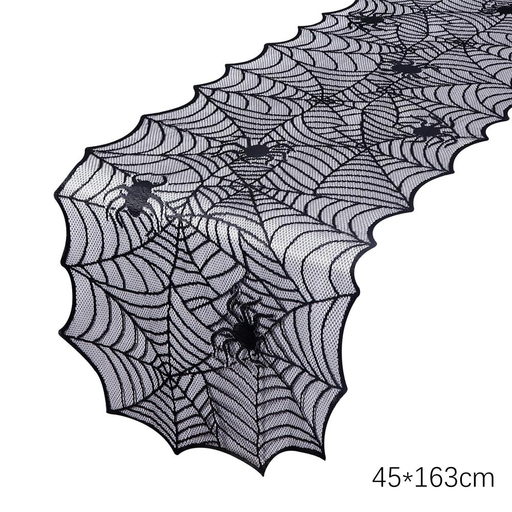 Bieżnik na stół na Halloween, czarny koronkowy obrus z motywem pajęczyny, 45 x 163 cm, dekoracja stołu na Halloween