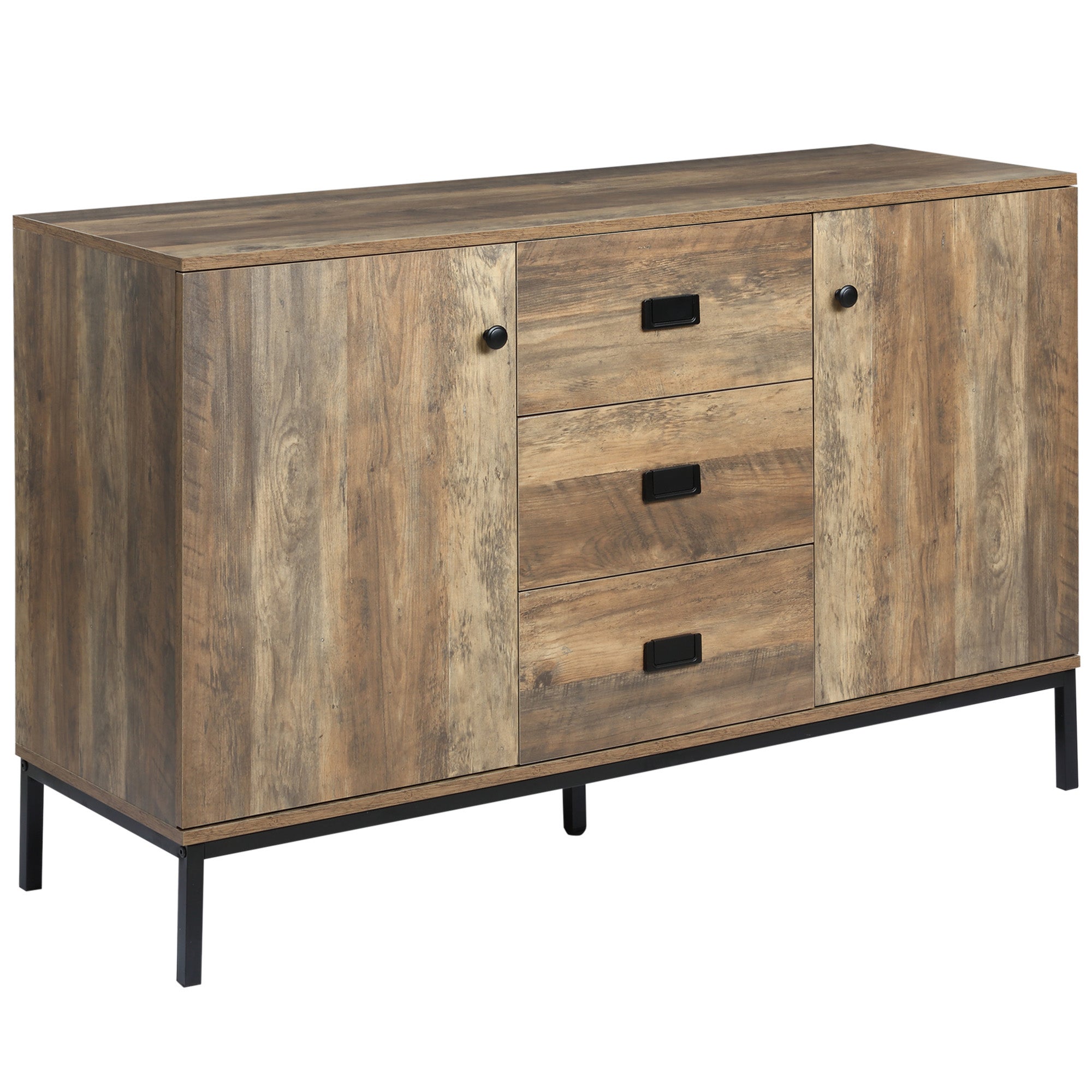 Nowoczesna komoda z płyty wiórowej i metalu z 2 szafkami z 2 drzwiami, półkami i 3 szufladami, 120 x 39,5 x 77 cm