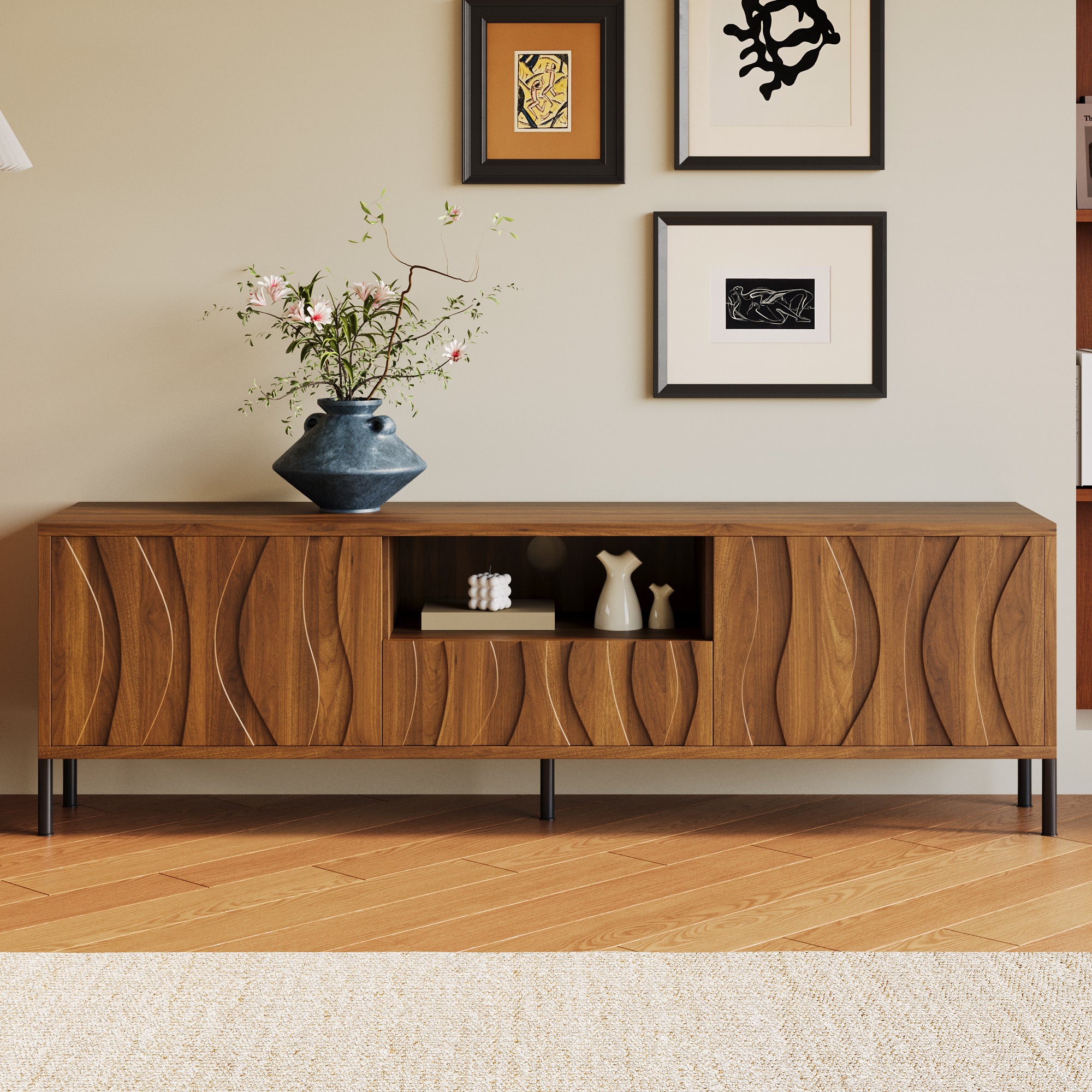 Stolik pod TV z 2 drzwiami, 1 szufladą i 1 otwartą przegrodą - 160 x 35 x 46 cm - MDF i metalowe nogi - Naturalny