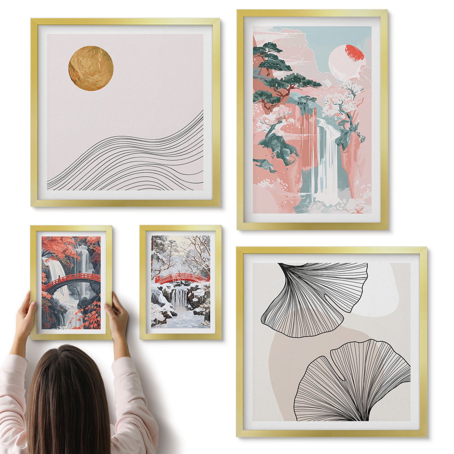 Galeria ścienna 5-częściowy komplet obrazów w złotych ramach - Krajobrazy natury z wodospadami i roślinnością w stylu japońskim - ArtPrintCave