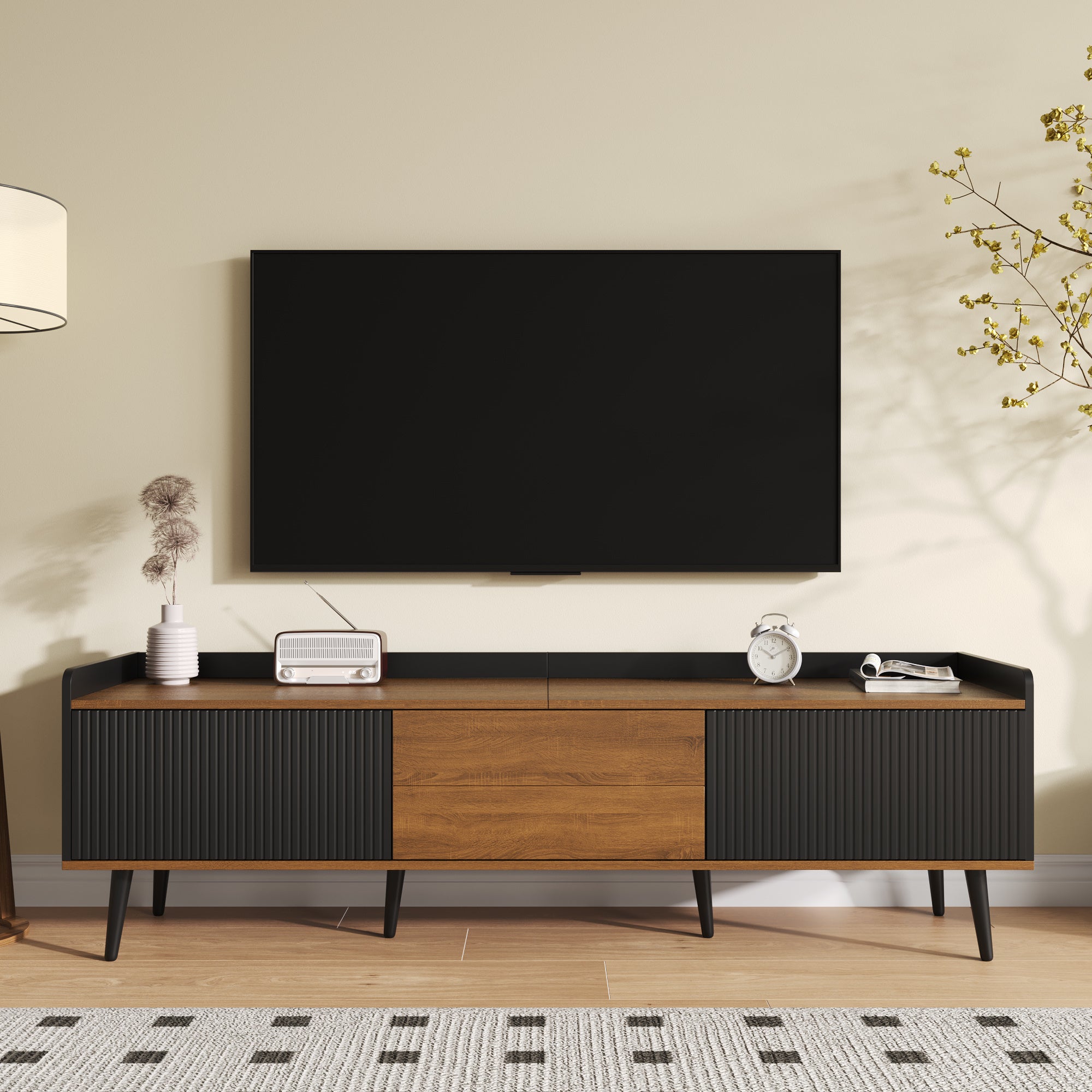 Szafka RTV z 3 drzwiami - 160 x 39 x 49,5 cm - MDF i płyta wiórowa - do salonu - Czarny + naturalny
