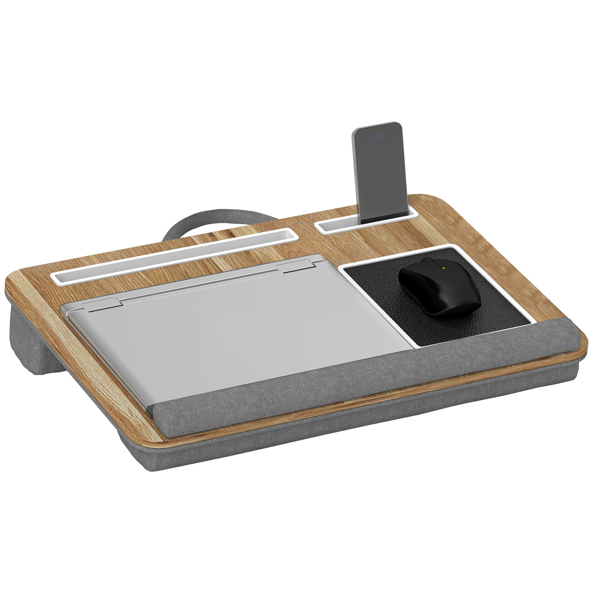 Podstawka pod laptopa z poduszką, uchwytem na tablet, podkładką pod mysz i podpórką pod nadgarstki, w kolorze dębowym.