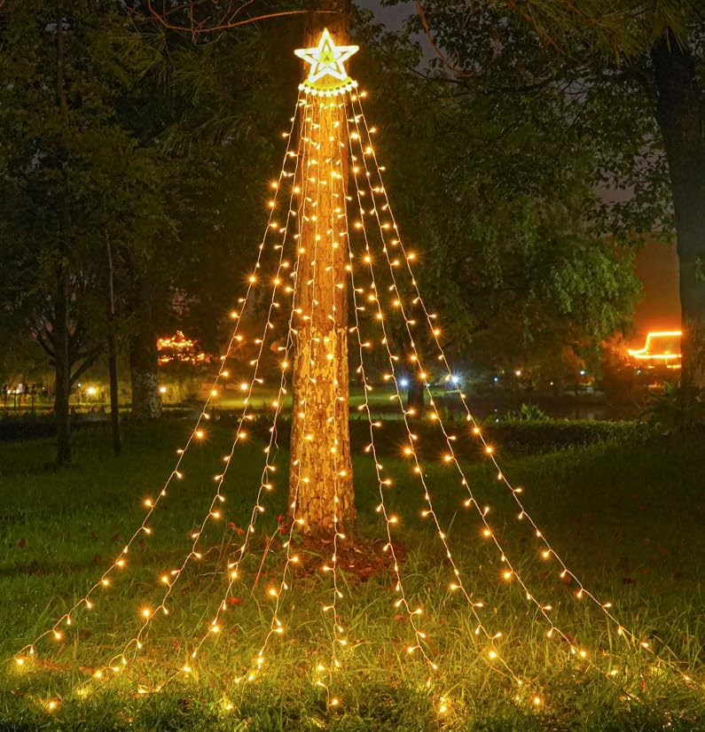 Lampki solarne, kaskadowe lampki choinkowe, z gwiazdkami (ciepłe światło) na górze.