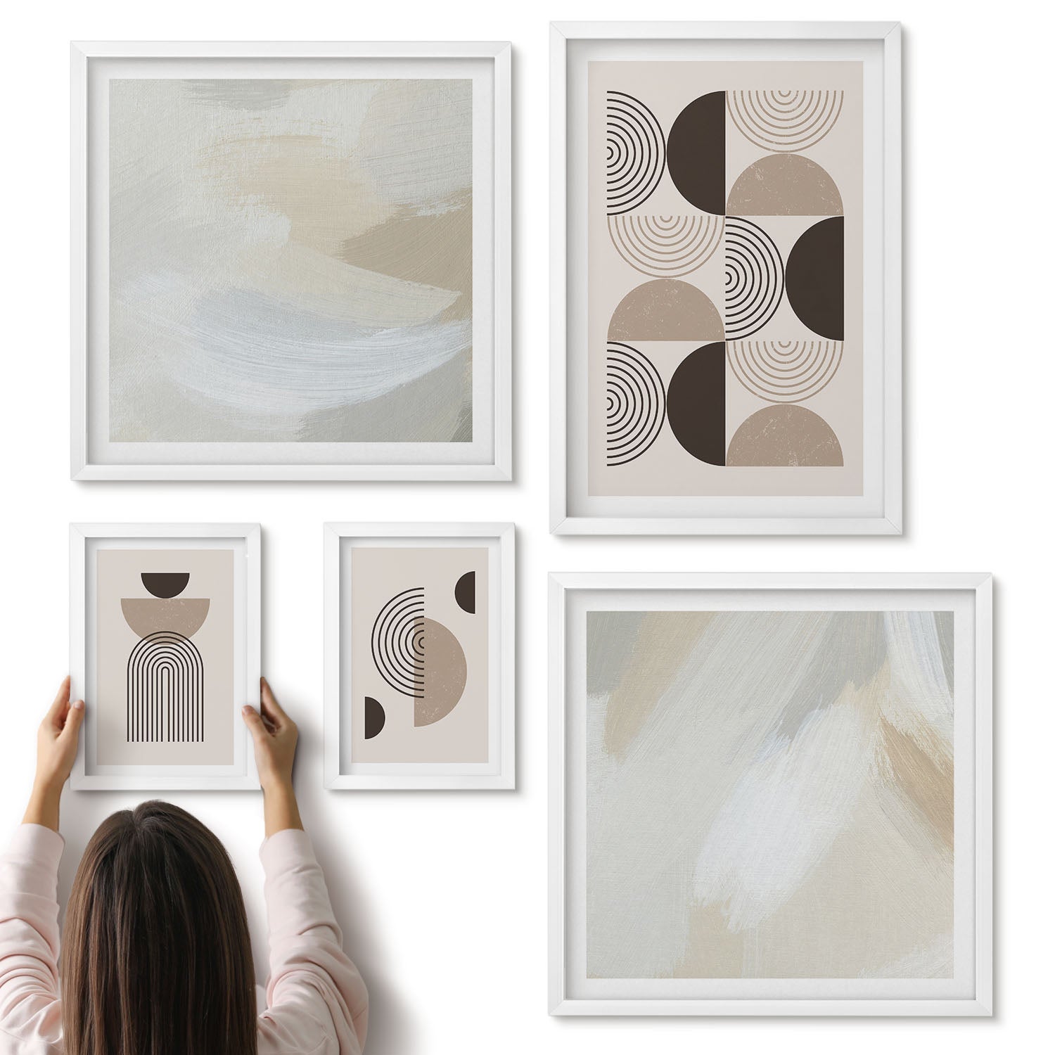 Galeria ścienna 5-częściowy komplet obrazów w białych ramach - Abstrakcyjne formy geometryczne w stonowanej kolorystyce - ArtPrintCave