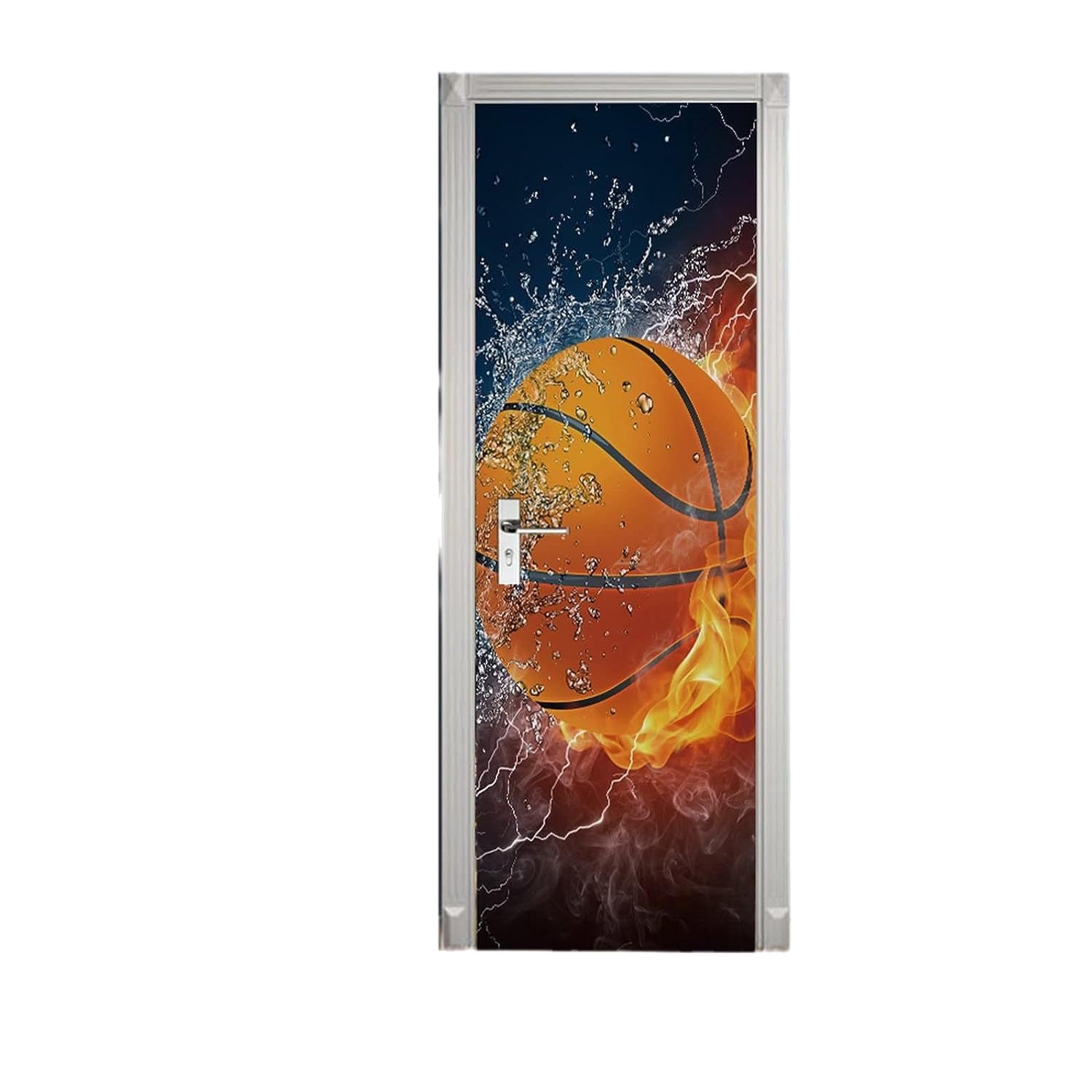 Naklejka na drzwi 3D Koszykówka w ogniu i wodzie Abstrakcyjna sztuka Plakat winylowy Sztuka ścienna Tapeta Dekoracja ścienna 77x200 cm