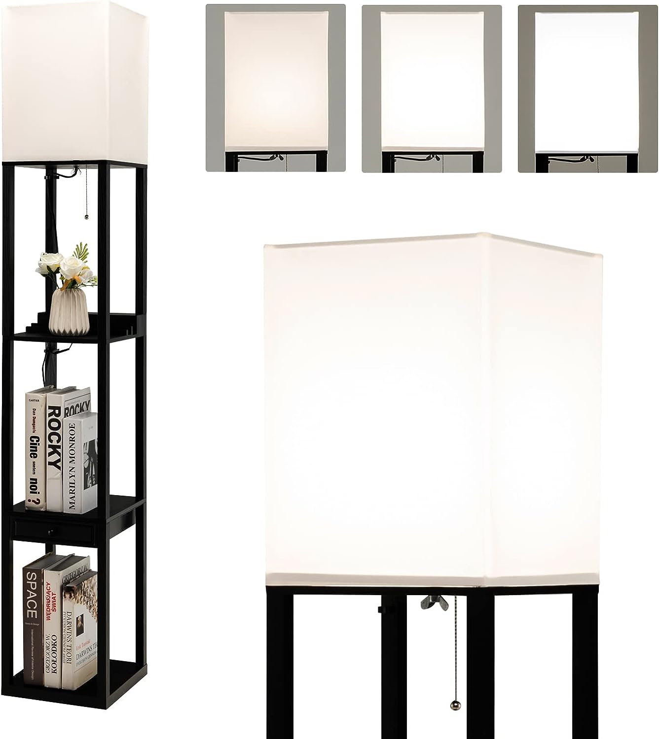 Lampa stojąca do salonu, ściemniana, 160 cm, E27, z 2 złączami USB, 3 poziomy, lampa stojąca z szufladą, w zestawie żarówki LED 5000 K