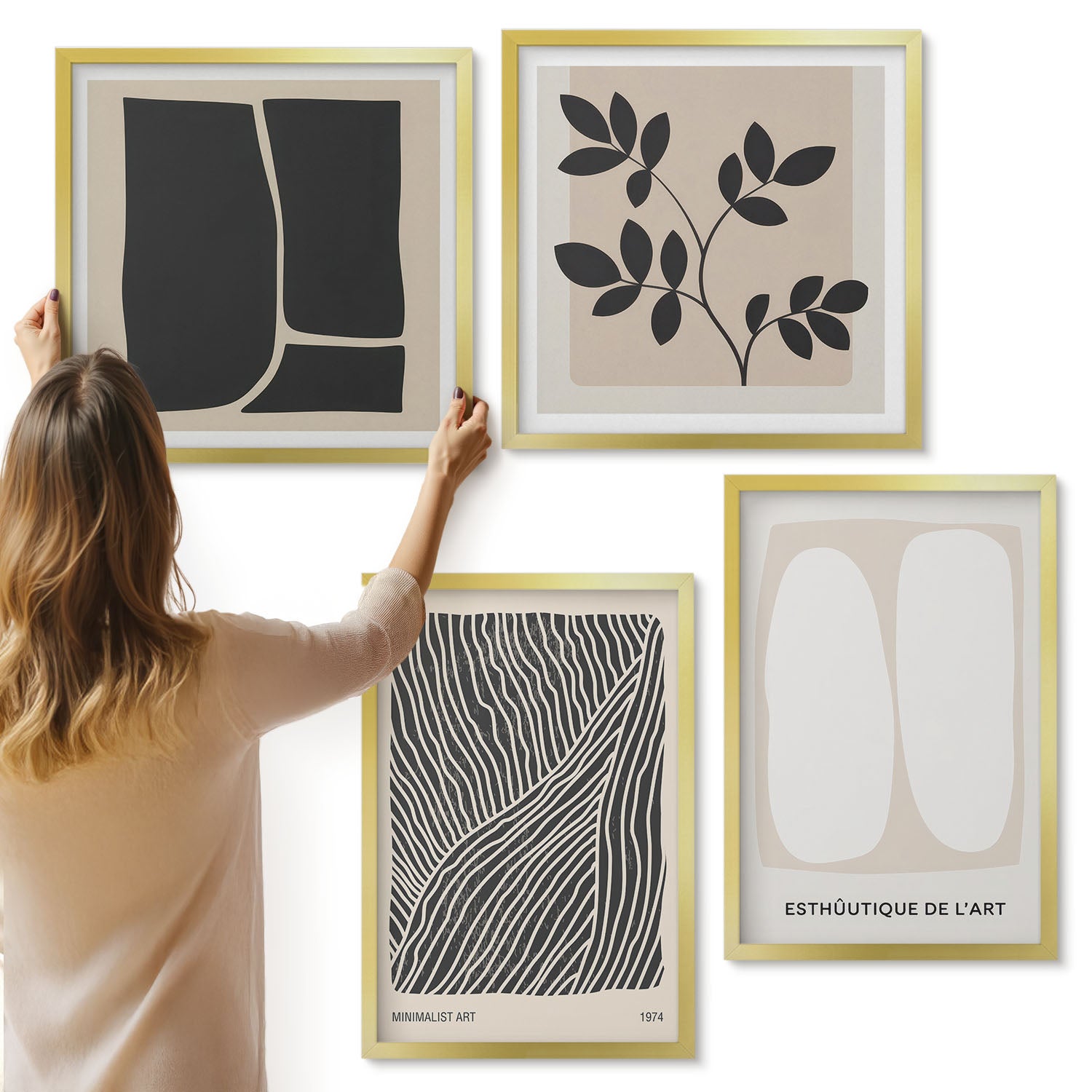 Galeria ścienna 4-częściowy komplet obrazów w złotych ramach - Wzory roślinne i minimalistyczne linie w neutralnych kolorach - ArtPrintCave