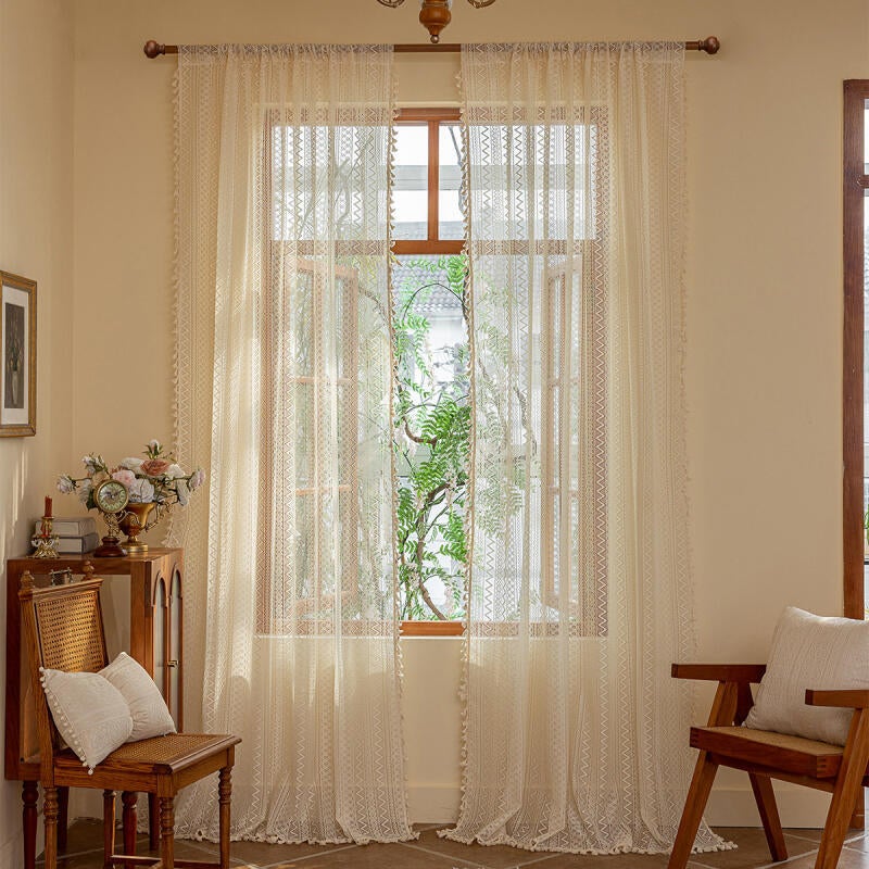 Zasłony do salonu, dł. 240 cm, z frędzlami koronkowymi, komplet dwuczęściowy, w prążki szydełkowe, półprzezroczyste, 140 x 240 cm