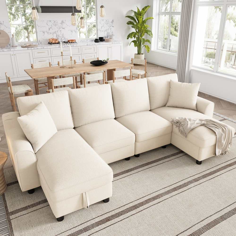 Nowoczesna modułowa sofa z tkaniny szenilowej w kształcie litery U z podwójnym szezlongiem i wbudowaną przestrzenią do przechowywania, 280 cm