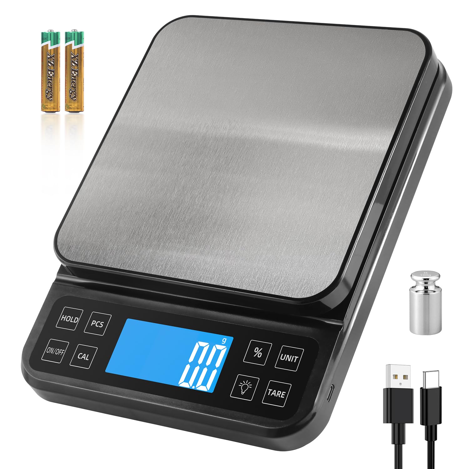 Czarno-srebrna duża waga kuchenna, dokładność 0,1 g, waga piekarnicza 5 kg z funkcją procentową, ładowanie przez USB, pełnokątowy ekran LCD z podświ